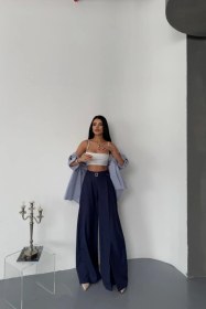 Resim Pusula Sepeti Salaş Önden Yırtmaç Detaylı Bel Kemerli Pantolon - Lacivert Lacivert 