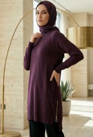 Resim Gülseli Yan Fermuarlı Tesettür Triko Tunik Mürdüm TZL-P-00020925 