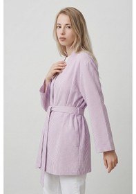 Resim Saade Sââde Kadın Dikey Çizgili Geniş Kollu Şık Yazlık Relaxed Kimono Lila 