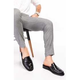 Resim Akgün Terlik Erkek Siyah Hakiki Deri Ev Terliği 