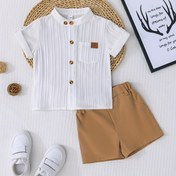 Resim Erkek Çocuklar İçin Centilmen Preppy Tarzı Düz Renk Günlük Şort Takımı - Polyester Karışımı, Makinede Yıkanabilir, Yazlık Yaka Gömlek ve Kahverengi Şort ile Dış Mekan İçin Mükemmel 