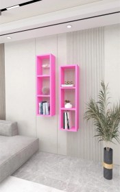 Resim Kitaplık Ikili Çapraz Pembe Duvar Rafı Takım Pembe 