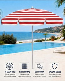 Resim Durul Plaj Şemsiyesi Balkon Bahçe Güneş Şemsiyesi 200cm 10 Telli UV Korumalı - Kırmızı Çizgili 