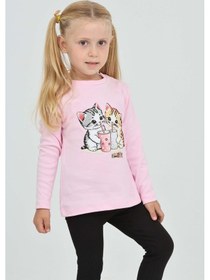 Resim Toontoy Kız Çocuk Regular Fit Bisiklet Yaka Baskılı Sweatshirt - Tk24803 Pembe 
