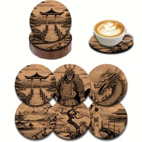 Resim 6'lı Japon Kiraz Çiçeği & Samuray Ahşap Bardak Altlığı Seti - Geleneksel Torii Kapısı, Pagoda ve Ejderha Tasarımları, Kahve Kupaları, Cam Eşyalar İçin İdeal - Mükemmel Tatil Hediyesi 