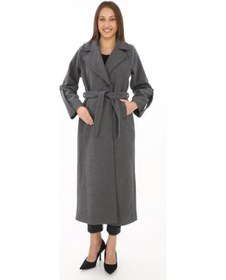 Resim Hazego Uzun Kaşe Kaban Yünlü Dokuma Kaşmir Kumaş, Kruvaze Yaka, Kuşaklı Astarlı Tesettür Uyumlu Şık Kışlık Siyah Model - Füme Füme 