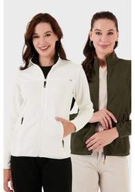 Resim Lela Slim Fit Anti-Pilling Tüylenme Yapmayan Fermuarlı Cepli Hırka 2' Li Paket Bayan Polar 5907002S2 Ekru-Haki 