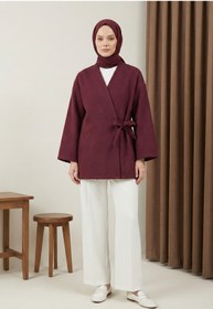 Resim MODAQU Yandan İp Bağlamalı Kaşe Kimono - Bordo 