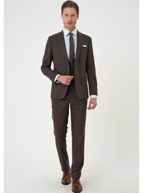 Resim Slim Fit Çift Yırtmaç Keten Karışımlı Yelekli Klasik Kahve Takım Elbise Tk 914 Kahverengi 