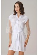 Resim Çeyizlik Uzun Kol V Yaka Kadın Saten Düz Yazlık Mini Dantel Detaylı Sabahlık Beyaz 