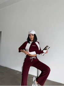Resim Oversize Yazı Detaylı Unisex Eşofman Takımı Yüksek Bel, Dijital Baskı, Rahat Kesim Bordo 