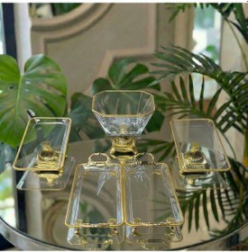 Resim Gold Detaylı Cam 5 Parça Kahve Sunum Seti Lokumluk, Çikolatalık, Sunumluk Söz Nişan Altın 