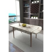 Resim Renlife Yemek Masası Mutfak Masası Ahşap Ayaklı Masa Oval Açılır Masa (Beyaz Mermer) 