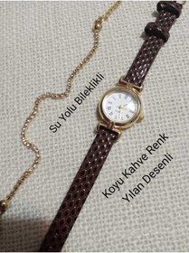 Resim Brality VİNTAGE SAAT Minimal Gold Kasa Koyu Kahve Yılan Desenli Kordon SUYOLU BİLEKLİKLİ 0123 