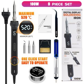 Resim Elektrikli Lehimleme Demiri Kiti, 100W 9-1 Ayarlanabilir Sıcaklık 180-520 °C, 220V Termostatik Hızlı Isıtma Akıllı Lehimleme Demiri Açık/Kapalı Anahtarlı, 3 Lehimleme Demiri Ucu, Lehim Pompası, Lehimleme Teli, Cımbız, Braket, DIY El Yapımı Kit 