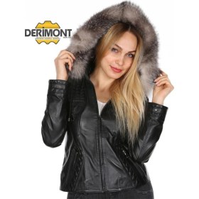 Resim Deriwork Hakiki Kuzu Derisi Siyah Kapşon Kürklü Kol Işlemeli Kadın Deri Mont Siyah 