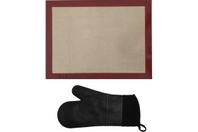 Resim Feyza Design Yıkanabilir, Yapışmaz, Yanmaz Pişirme Matı ve Siyah Silikon Fırın Eldiveni 