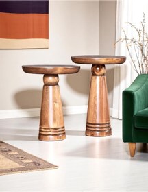 Resim AYLESA Doğal Ahşap 2’li Set Mantar Yan Sehpa Modern Fiskos Zigon Çiçeklik 