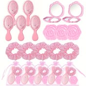 Resim 20 Parça Pembe Saç ve Güzellik Partisi Hediye Seti - Plastik Saç Fırçası, Yuvarlak Cep Aynası, Saç Bağları ve Organze Çantalar - Düğünler, Doğum Günleri, Makyaj Partileri İçin Elektrik Gerektirmeyen Aksesuar Seti 