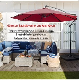 Resim Gunbo Home 3 Mt 8 Kaburga Full Demir 21 Kg Bordo Bahçe Şemsiyes 