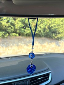 Resim Azrua Cam Yaprak Şekilli Lacivert Nazar Boncuklu Araba Ayna Süsü Araba Nazarlık Nazar Koruması 