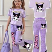 Resim Sanrio Ku'luo'm Kızlar Kısa Yay Kravat Yuvarlak Yaka T-Shirt + Dar Kesim Geniş Pantolon İki Parça Set, Dış Mekanlar İçin 