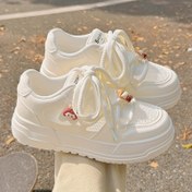 Resim Kızlar için Rahat Spor Düşük Topuklu Sneaker - Nefes Alabilen Mesh & PU Üst, Bağcıklı Beyaz Ayakkabı, Kauçuk Tabanlı İlkbahar/Sonbahar, Kaykay ve Günlük Kullanım, Dekoratif Dikişli, Kumaş Astarlı İçlik, Genç Kızlar için 