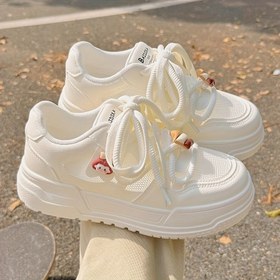 Resim Kızlar için Rahat Spor Düşük Topuklu Sneaker - Nefes Alabilen Mesh & PU Üst, Bağcıklı Beyaz Ayakkabı, Kauçuk Tabanlı İlkbahar/Sonbahar, Kaykay ve Günlük Kullanım, Dekoratif Dikişli, Kumaş Astarlı İçlik, Genç Kızlar için 