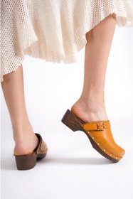 Resim DaphneSandals Hakiki Deri Topuklu Camel Kadın Terlik - Tk02 
