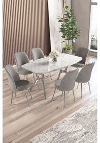 Resim Canisa Lena Serisi 90x160 Lak Panel Beyaz Mermer Desen Krom Kaplama Ayaklı Masa Takımı Ve 6 Gri Sandalye Gri Sandalye Krom Ayak Beyaz Mermer Desen Masa 