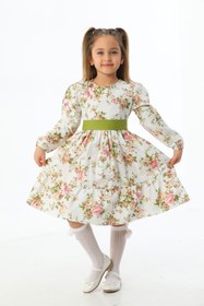 Resim Moda Lippa Yeşil Çiçek Desenli Kat Kat Kız Çocuk Elbise 