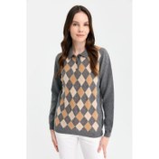 Resim Desen Triko Polo Yaka Önü Baklavalı Kadın Yün Kazak 24037 (24037) 