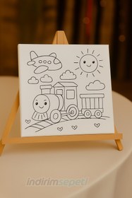 Resim Ahşap Şövale ve 20x20 Çizimli Boyama Tuvali Seti – Çocuk Sanat Etkinliği ve Dekor Sunum Standı 