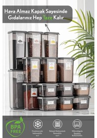 Resim Meleni Home 18'li Set Kapaklı Kare Erzak Saklama Kabı Antrasit 6x 0,50 Lt-1,10 Lt -1,70 Lt Etiketli Baharatlık 