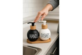 Resim AyrStore Bulaşık Deterjanlık ve Sabunluk Seti Bambu Tepsili Şık Ikili Set Siyah Beyaz Modern Tasarım 