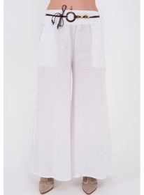 Resim İtalyan Korsajlı Tokalı Kemerli Bol Paçalı Keten Pantolon-9887 Beyaz 