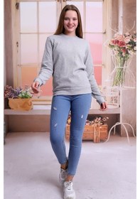 Resim Kadın Gri Bisiklet Yaka Petek Kumaş Sweatshirt Slf1365 Gri 