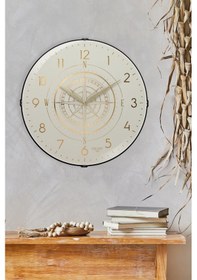 Resim Yaldızlı Krem Zeminli Pusula Baskılı Duvar Saati 35 Cm Beyaz - Krem 