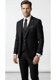 Resim Erkek 3 Parça Slim Fit Takım Elbise Klasik Likralı Kumaş, Tek Düğme, Çift Yırtmaçlı Modern Kesim Ceket Yelek Pantolon Siyah 