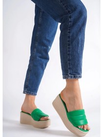 Resim Reına Dolgu Topuklu Ortopedik Taban Hasır Görünümlü Kadın Terlik Kt - Yeşil Yeşil 