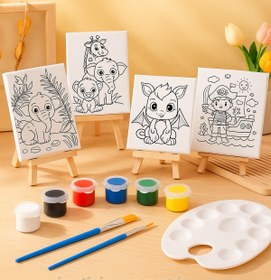 Resim Çocuklar İçin Süper Boyama Seti – Çizimli Tuval, Şövale, 6 Renk Boya, Fırça ve Paletli Komple Set 