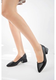 Resim Bulutmod Ba04462 Siyah Deri Kadın Sade Büyük Numara Kısa Klasik Topuklu Ayakkabı Siyah Deri 