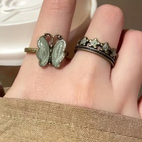 Resim Yüksek Son Kadar Vintage Retro Katmanlı Kelebek Yüzük, Benzersiz Çiçek Açık Yüzük. 