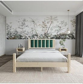 Resim Orion Model Zümrüt Yeşili Puflu Başlıklı Doğal Çam Ahşap Karyola Ve İki Komodin Set-234 140 x 200 