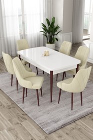 Resim Canisa Concept Eta Serisi, Beyaz Masa Kahve Ayak Açılabilir 80x132 Mdf Yemek Odası Masa Takımı, 6 Krem Sandalye 