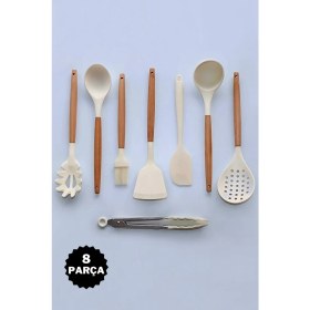 Resim ÖzSa Home 8 Parça Silikon Kepçe Kevgir Kaşık Fırça Maşa Bambu Saplı Mutfak Servis Seti Takımı Krem 