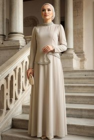 Resim N.S NEVA STYLE Boncuk İşlemeli Bej Tesettür Abiye Elbise 48081BEJ 