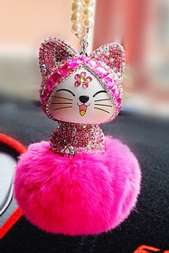 Resim LUCKY CAT Şans Kedisi Tüylü - Incili Fuşya Dekoratif Araba Askısı 12 X 7,5cm 