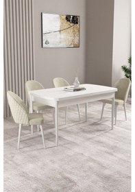 Resim Milas Beyaz 80x132 Mdf Açılabilir Yemek Masası Takımı 4 Adet Sandalye Krem 