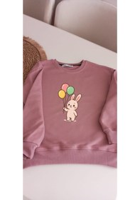 Resim Kız Çocuklar Balonlu Tavşan Baskılı Pudra Rengi Sweatshirt Pudra 